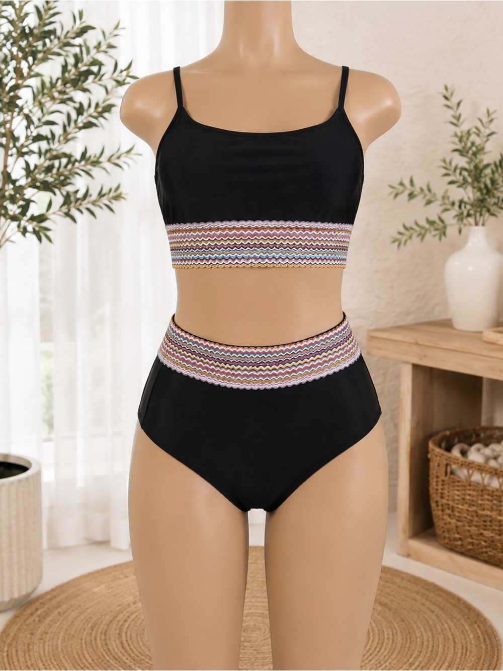 Black High-Waist Two-Piece Swim Set with Multicolor Trim
